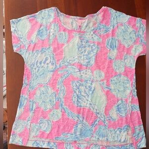 Lilly Pulitzer 100% Linen Tee sccop-neck pink/blue shells XL EUC